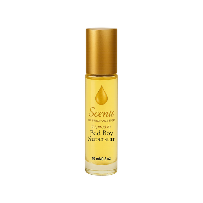 Scents Inspired by Carolina Herrera Bad Boy Superstar, 10 mL fragrance oil roll-on bottle